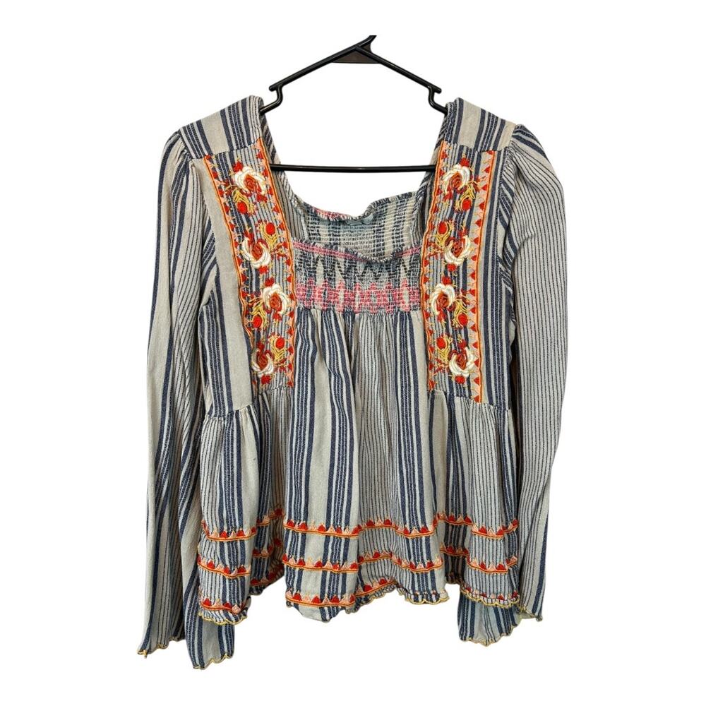 THML Blue and White Striped Embroidered Peasant Blouse - Picture 2 of 7